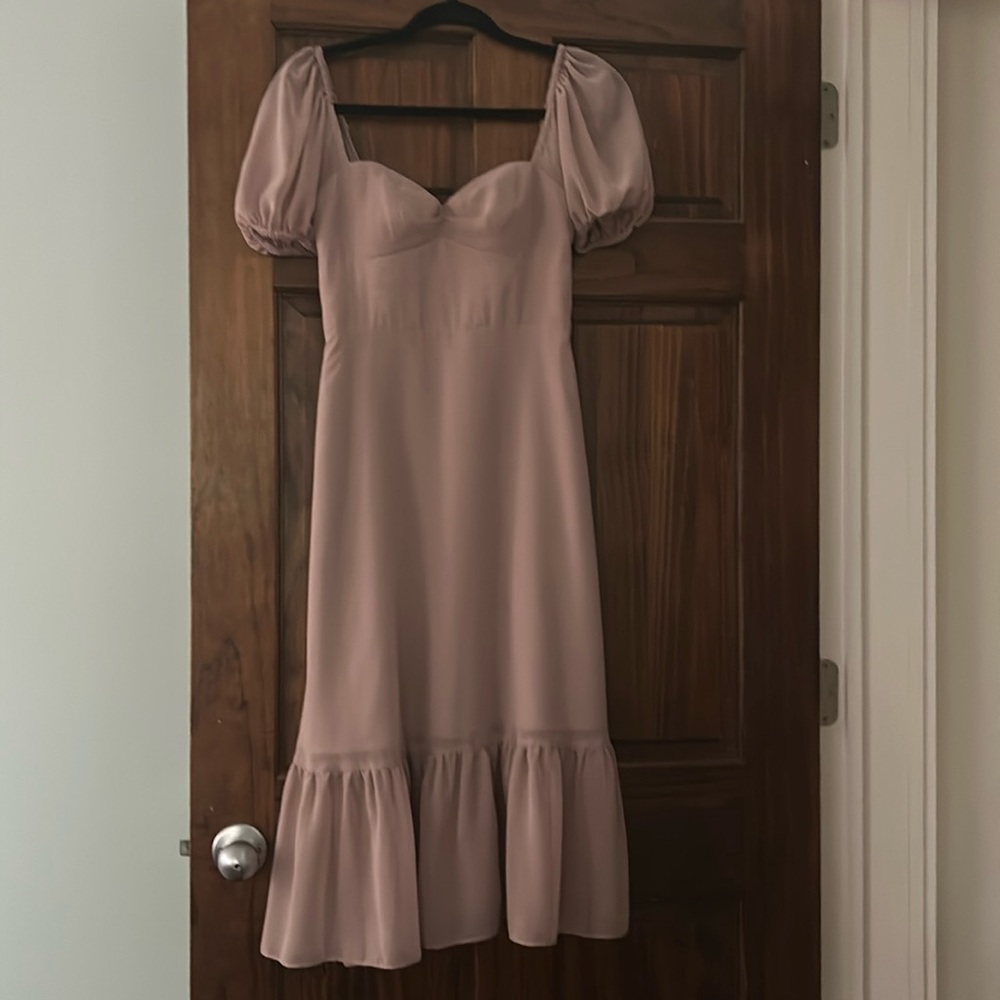 Tea length Azazie dress (“Baby”) in taupe